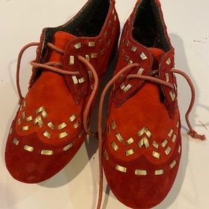 Irregular Choice Red & Gold Velvet Flats
